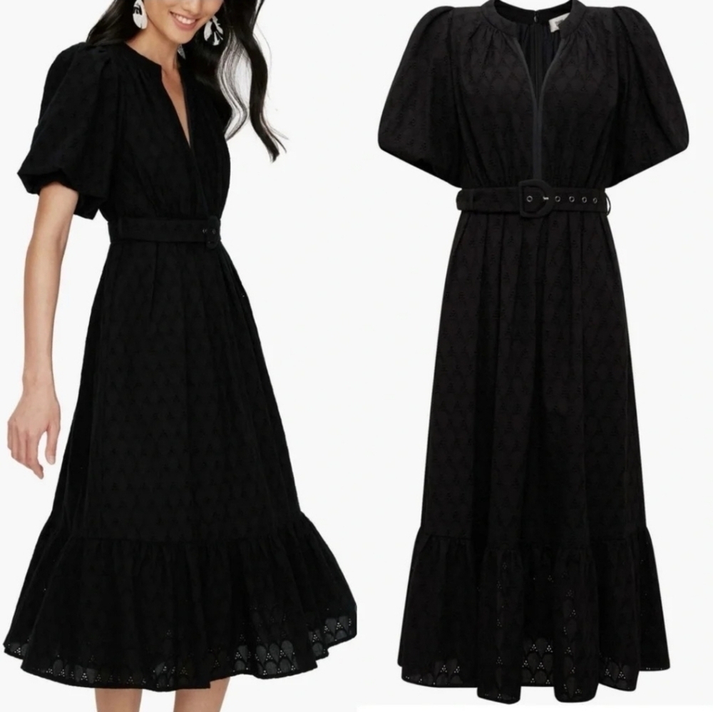 Diane Von Furstenberg Polina Belted Eyelet Short Puff Sleeved Midi Dress NWOT - Picture 2 of 16